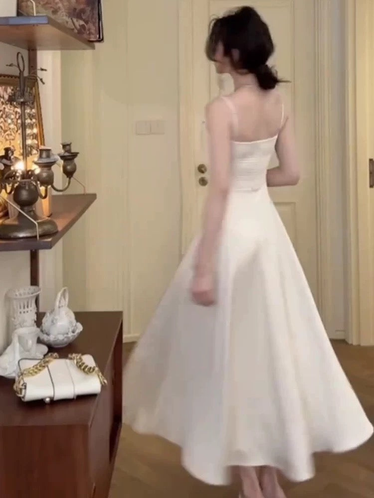 Elegant A Line Spaghetti Straps White Satin Prom Dress Birthday Outfits C3651