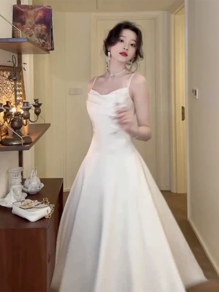 Elegant A Line Spaghetti Straps White Satin Prom Dress Birthday Outfits C3651