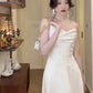 Elegant A Line Spaghetti Straps White Satin Prom Dress Birthday Outfits C3651