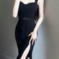 Elegant Sheath Straps Black Split Satin Prom Dress Birthday Outfits C3652