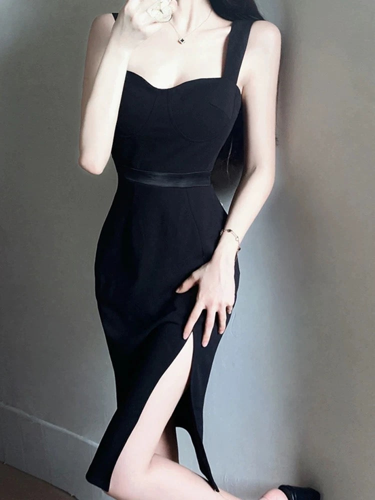 Elegant Sheath Straps Black Split Satin Prom Dress Birthday Outfits C3652