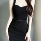 Elegant Sheath Straps Black Split Satin Prom Dress Birthday Outfits C3652