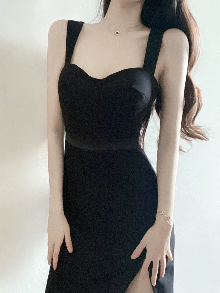 Elegant Sheath Straps Black Split Satin Prom Dress Birthday Outfits C3652