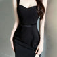Elegant Sheath Straps Black Split Satin Prom Dress Birthday Outfits C3652