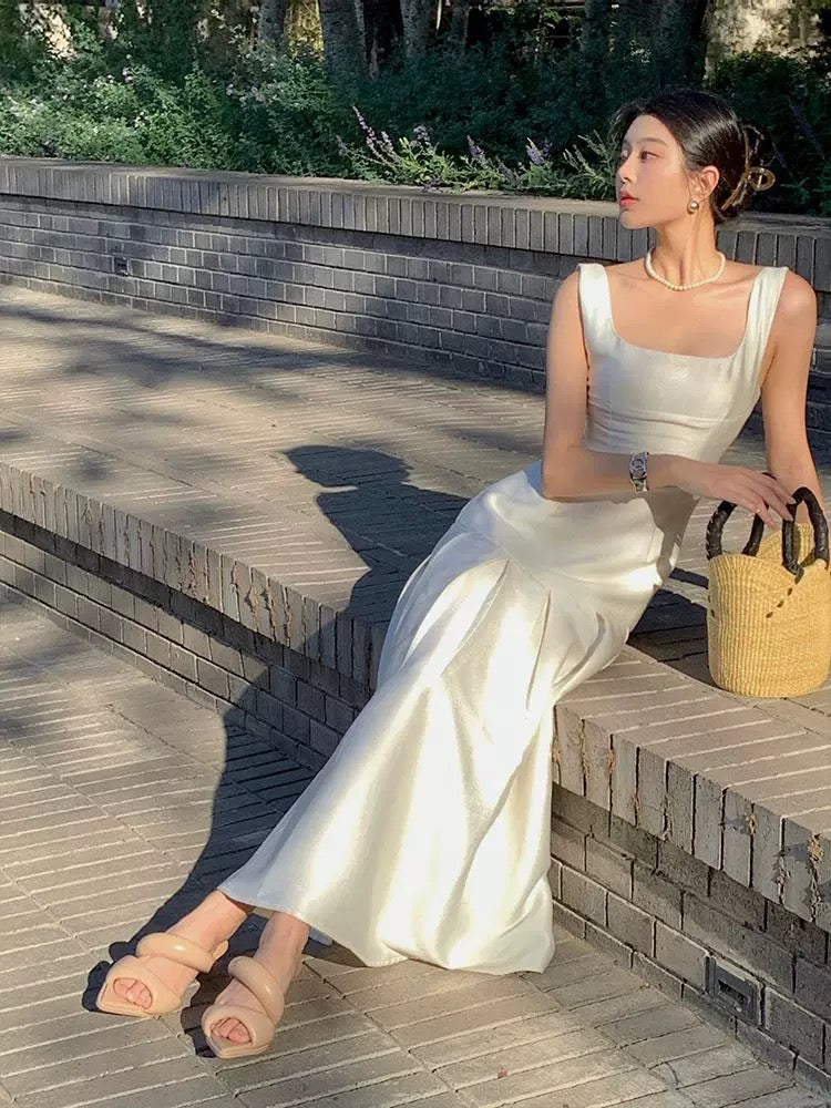 Vintage Mermaid Square Neckline White Sleeveless Satin Prom Dresses Birthday Party Dress C3656