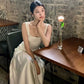 Vintage Mermaid Square Neckline White Sleeveless Satin Prom Dresses Birthday Party Dress C3656