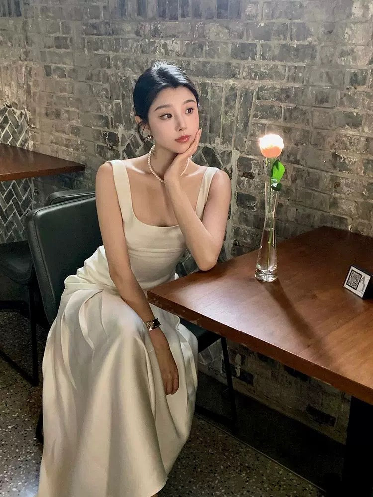 Vintage Mermaid Square Neckline White Sleeveless Satin Prom Dresses Birthday Party Dress C3656