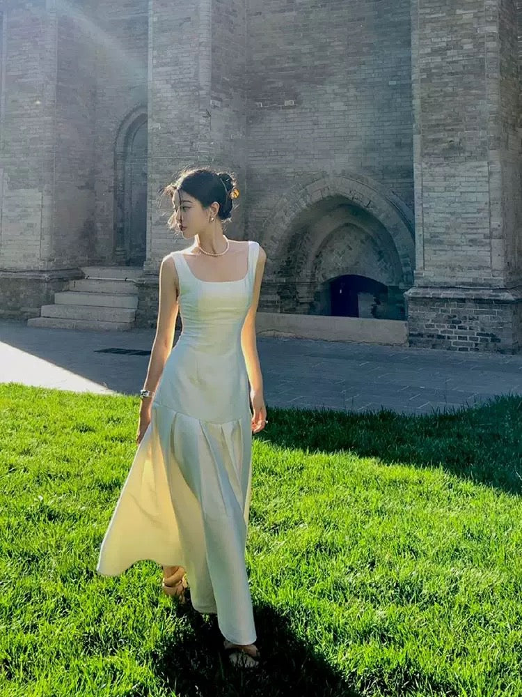 Vintage Mermaid Square Neckline White Sleeveless Satin Prom Dresses Birthday Party Dress C3656