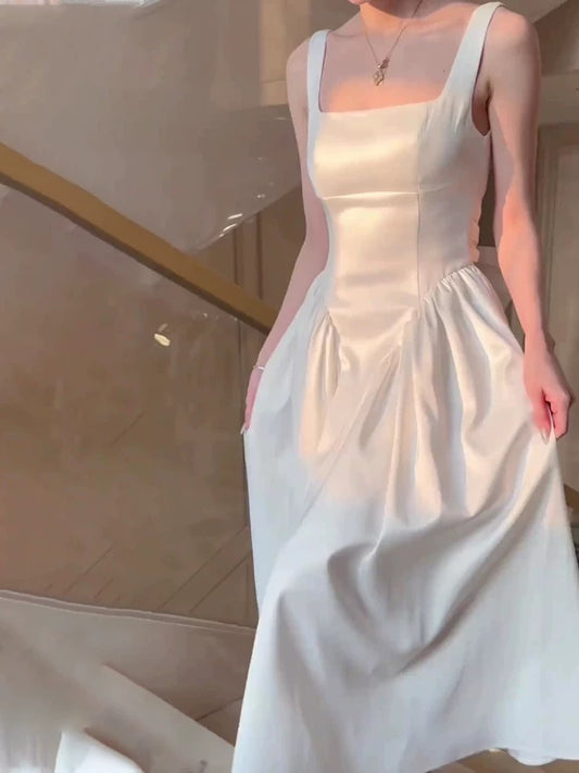 Vintage A Line Square Neckline White Sleeveless Satin Prom Dresses Birthday Party Dress C3657