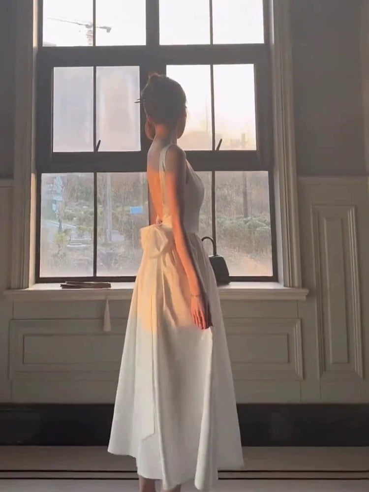 Vintage A Line Square Neckline White Sleeveless Satin Prom Dresses Birthday Party Dress C3657