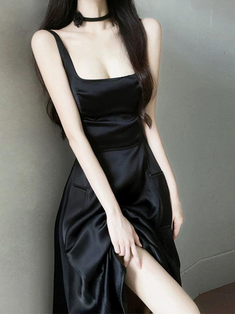 Elegant A Line Square Neckline Black Satin Prom Dress Birthday Outfits With Pockets C3658
