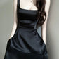 Elegant A Line Square Neckline Black Satin Prom Dress Birthday Outfits With Pockets C3658