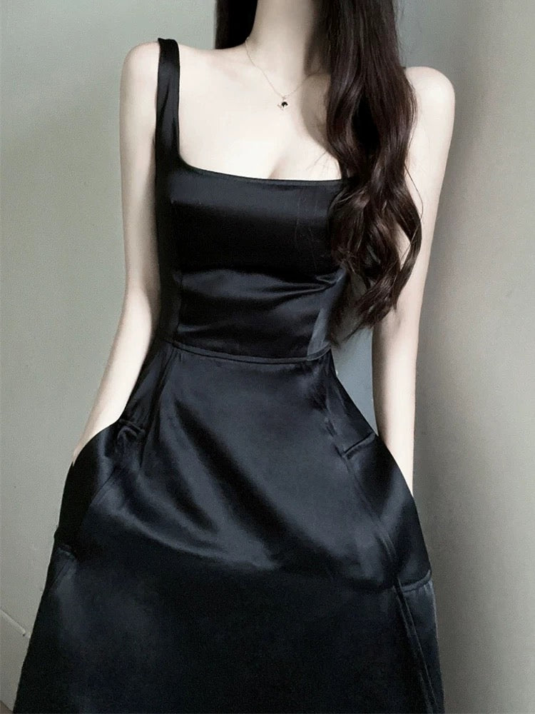 Elegant A Line Square Neckline Black Satin Prom Dress Birthday Outfits With Pockets C3658