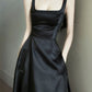 Elegant A Line Square Neckline Black Satin Prom Dress Birthday Outfits With Pockets C3658