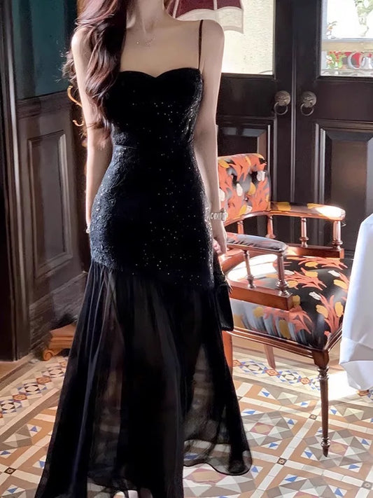 Vintage Mermaid Spaghetti Straps Black Lace Sleeveless Prom Dresses Birthday Party Dress C3660
