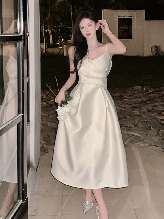 Vintage A Line Spaghetti Straps Satin Ivory Sleeveless Prom Dresses Birthday Party Dress C3662