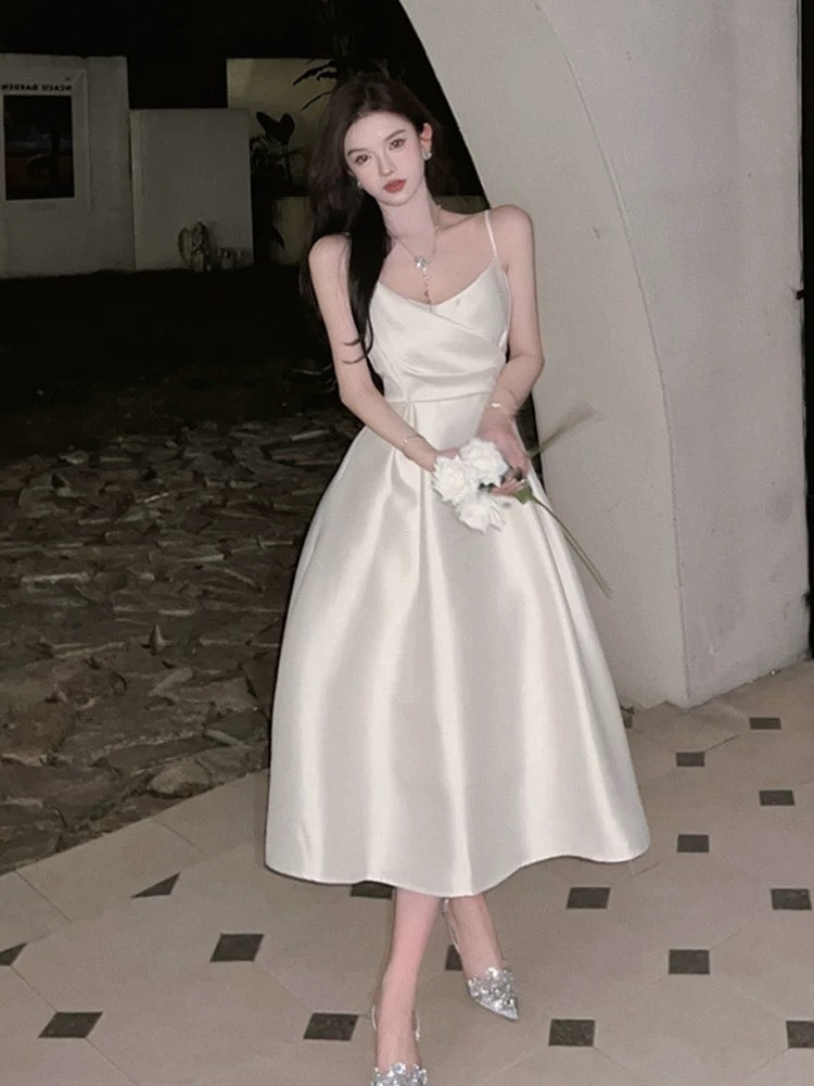Vintage A Line Spaghetti Straps Satin Ivory Sleeveless Prom Dresses Birthday Party Dress C3662