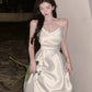 Vintage A Line Spaghetti Straps Satin Ivory Sleeveless Prom Dresses Birthday Party Dress C3662