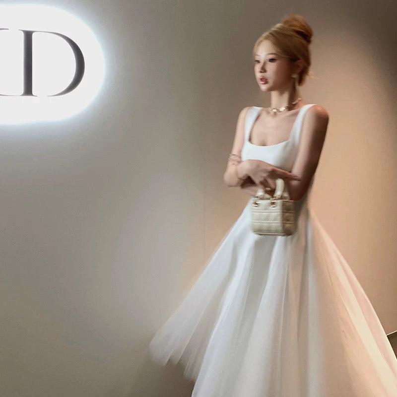 Vintage A Line Straps Tulle White Sleeveless Prom Dresses Birthday Party Dress C3663
