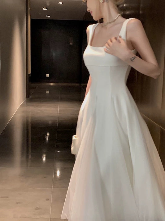 Vintage A Line Straps Tulle White Sleeveless Prom Dresses Birthday Party Dress C3663