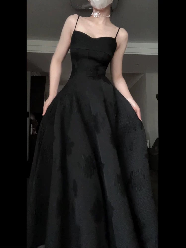 Vintage A Line Spaghetti Straps Satin Black Sleeveless Prom Dresses Birthday Party Dress C3664