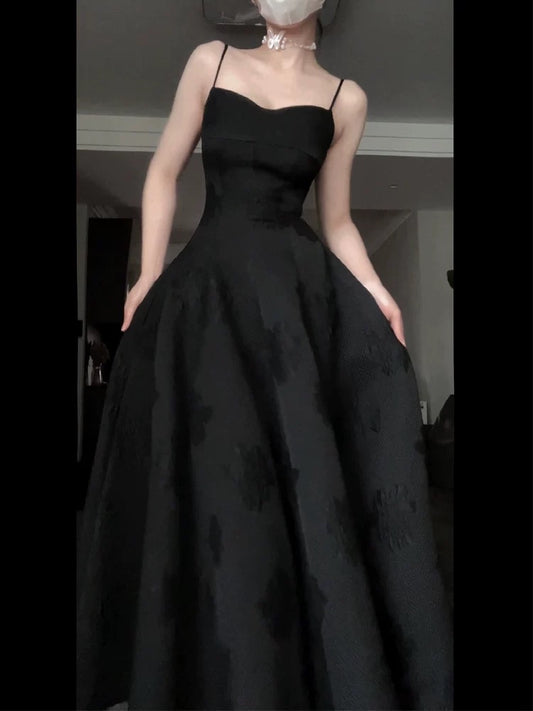 Vintage A Line Spaghetti Straps Satin Black Sleeveless Prom Dresses Birthday Party Dress C3664