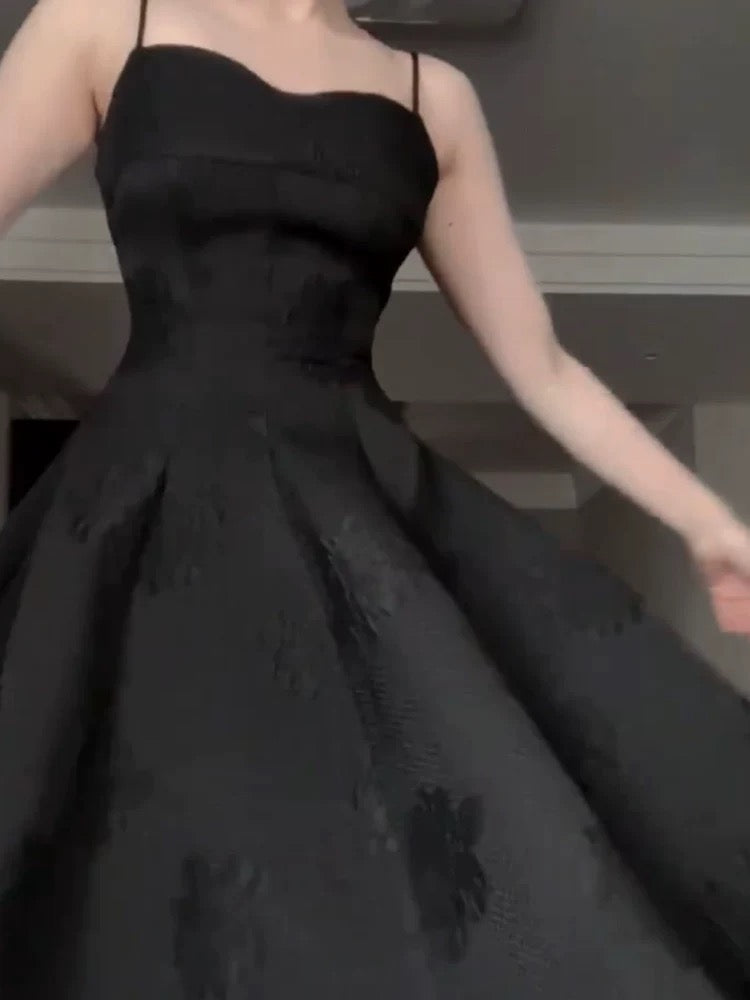 Vintage A Line Spaghetti Straps Satin Black Sleeveless Prom Dresses Birthday Party Dress C3664