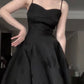 Vintage A Line Spaghetti Straps Satin Black Sleeveless Prom Dresses Birthday Party Dress C3664
