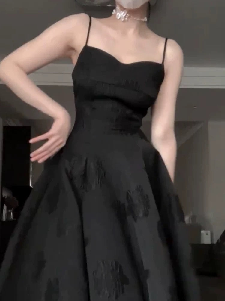 Vintage A Line Spaghetti Straps Satin Black Sleeveless Prom Dresses Birthday Party Dress C3664