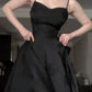 Vintage A Line Spaghetti Straps Satin Black Sleeveless Prom Dresses Birthday Party Dress C3664