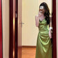 Pretty Sheath Spaghetti Straps Green Satin Long Evening Dress Prom Dresses With Ruffles C3665