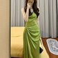 Pretty Sheath Spaghetti Straps Green Satin Long Evening Dress Prom Dresses With Ruffles C3665