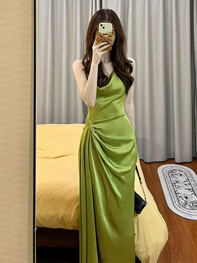 Pretty Sheath Spaghetti Straps Green Satin Long Evening Dress Prom Dresses With Ruffles C3665