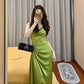 Pretty Sheath Spaghetti Straps Green Satin Long Evening Dress Prom Dresses With Ruffles C3665