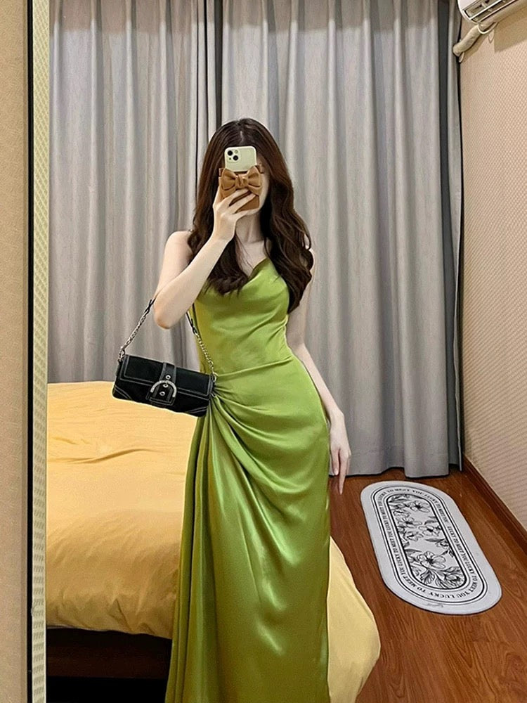Pretty Sheath Spaghetti Straps Green Satin Long Evening Dress Prom Dresses With Ruffles C3665