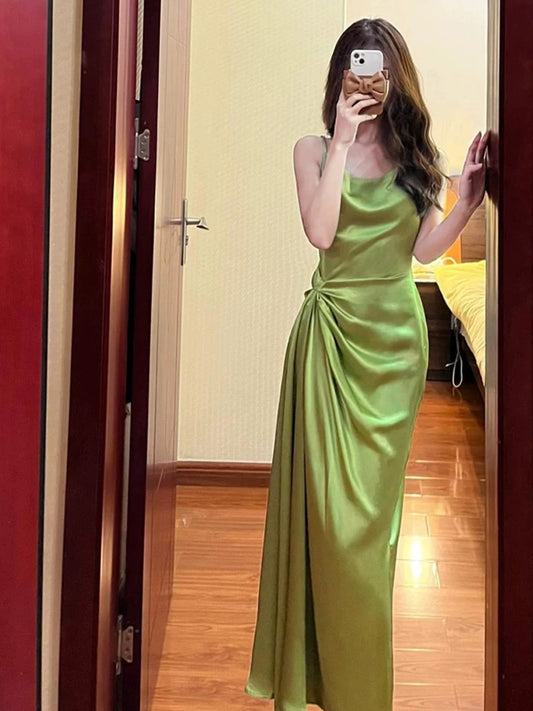 Pretty Sheath Spaghetti Straps Green Satin Long Evening Dress Prom Dresses With Ruffles C3665
