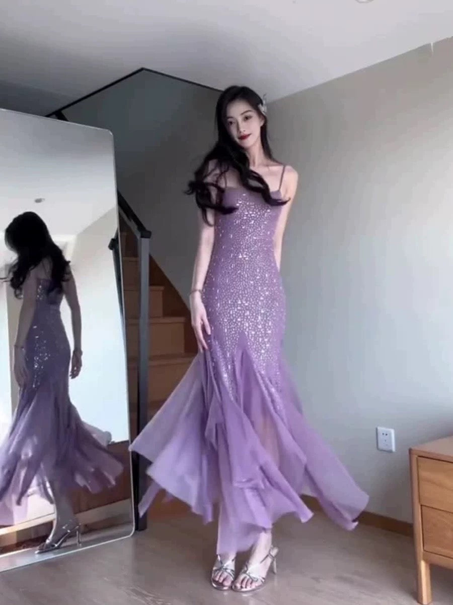 Pretty Mermaid Spaghetti Straps Chiffon Evening Dress Prom Dresses With Beads C3667
