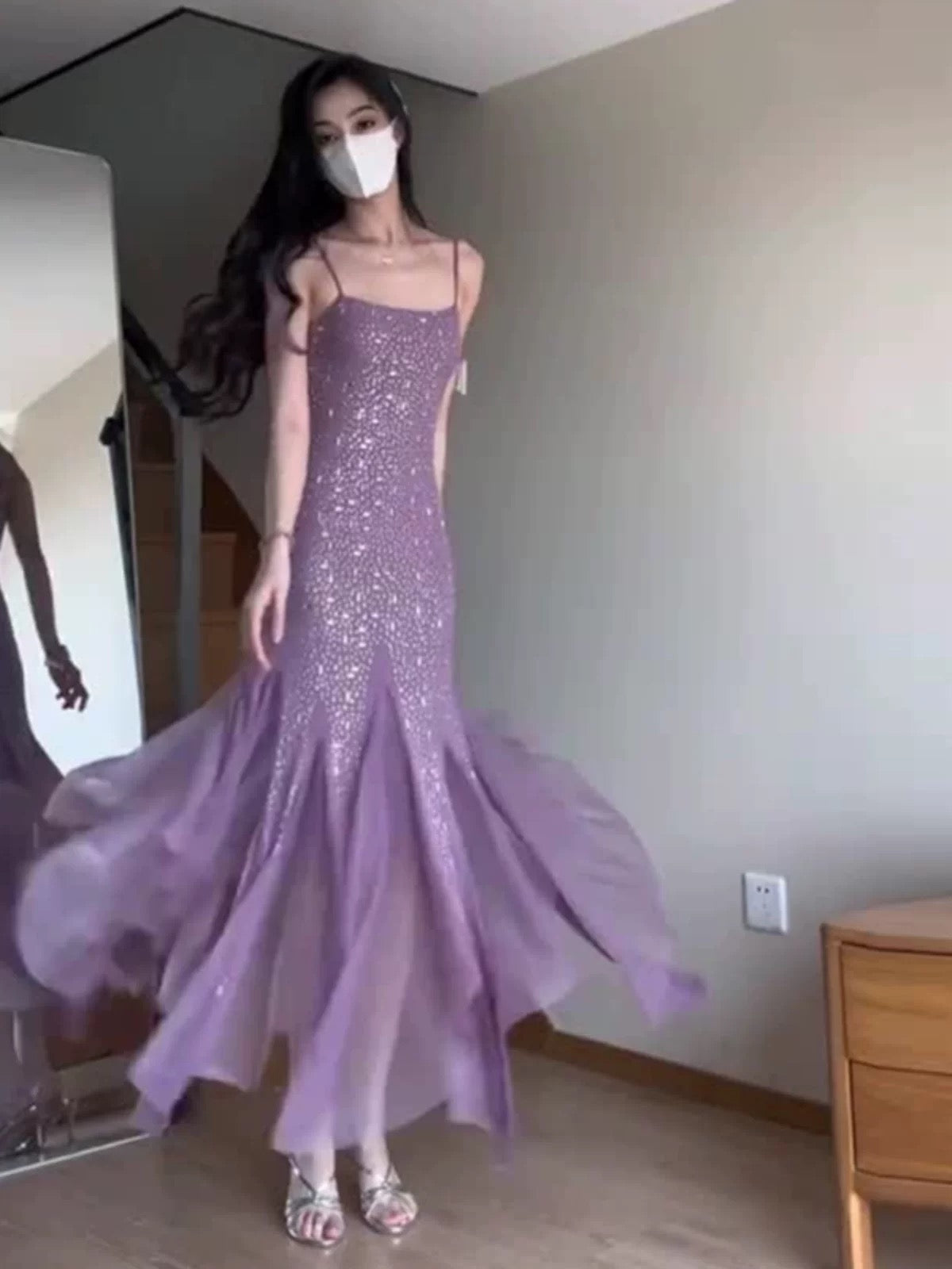 Pretty Mermaid Spaghetti Straps Chiffon Evening Dress Prom Dresses With Beads C3667