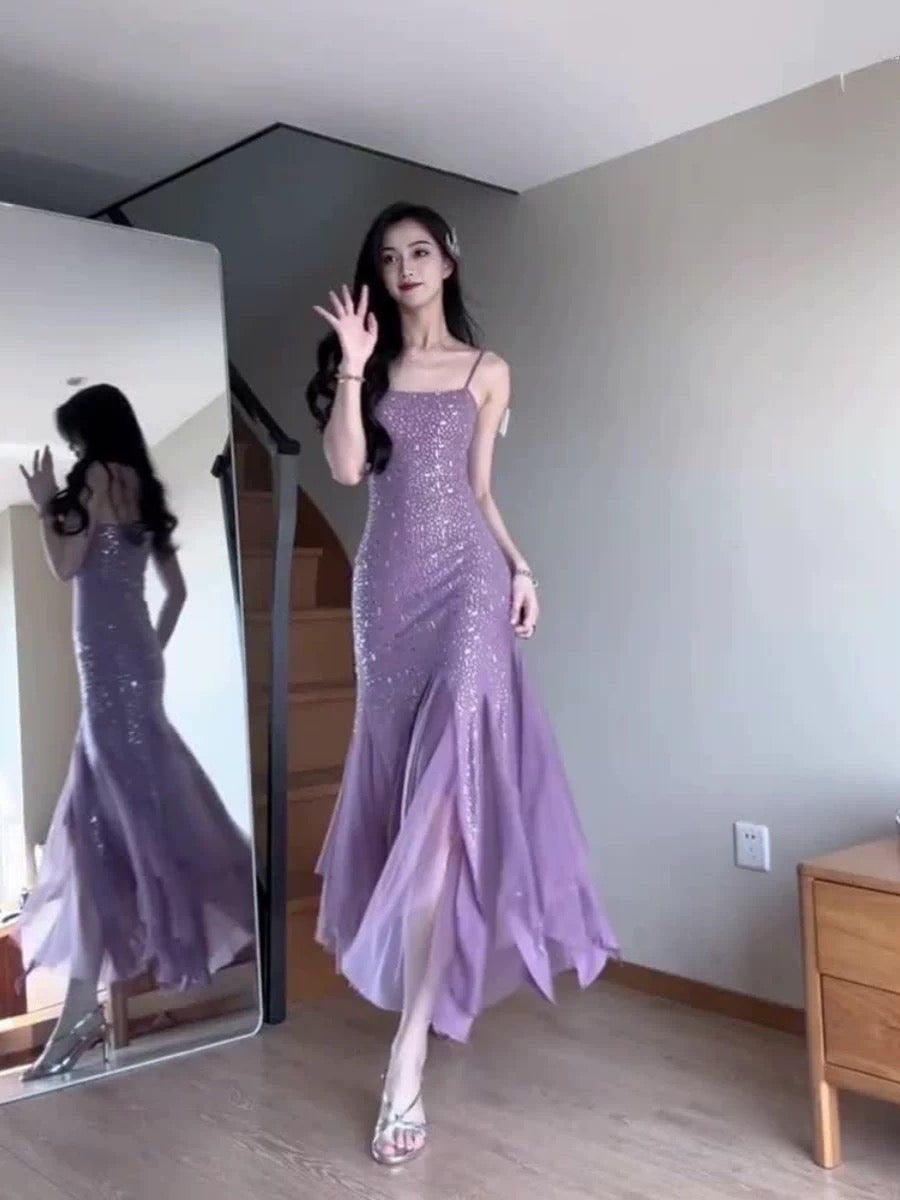 Pretty Mermaid Spaghetti Straps Chiffon Evening Dress Prom Dresses With Beads C3667