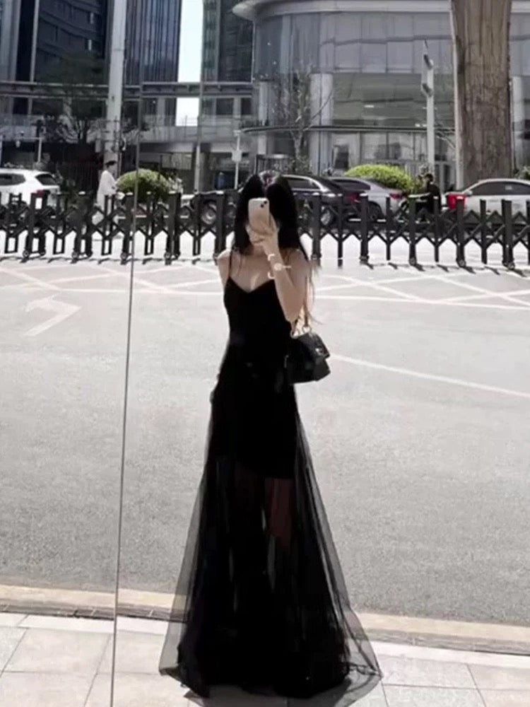 Vintage A Line Spaghetti Straps Black Chiffon Long Evening Dress Prom Dresses C3669