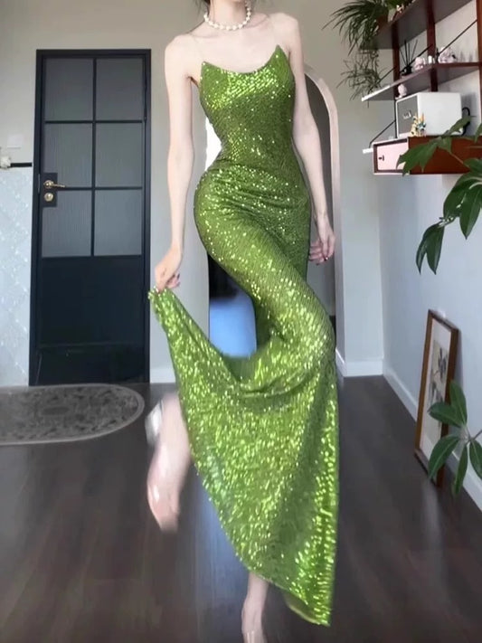 Vintage Sheath Spaghetti Straps Green Sequin Long Evening Dress Prom Dresses C3670