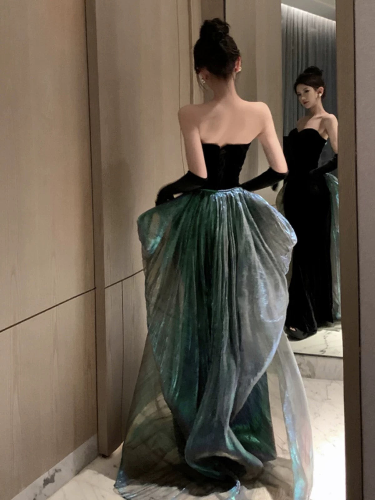 Modest Mermaid Strapless Black Sleeveless Prom Dress Formal Evening Dresses With Gloves C3673