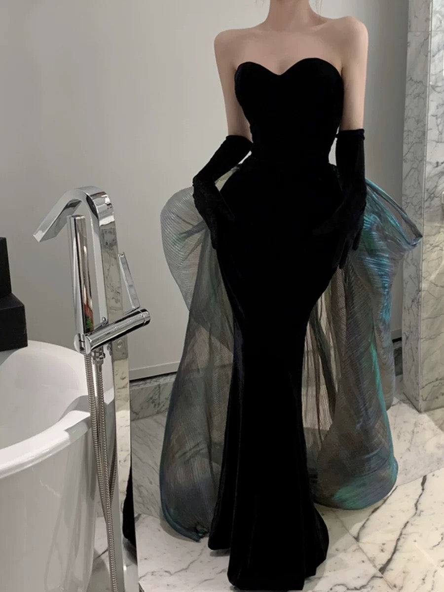 Modest Mermaid Strapless Black Sleeveless Prom Dress Formal Evening Dresses With Gloves C3673