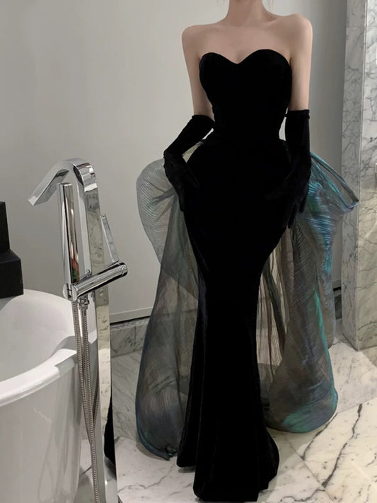 Modest Mermaid Strapless Black Sleeveless Prom Dress Formal Evening Dresses With Gloves C3673