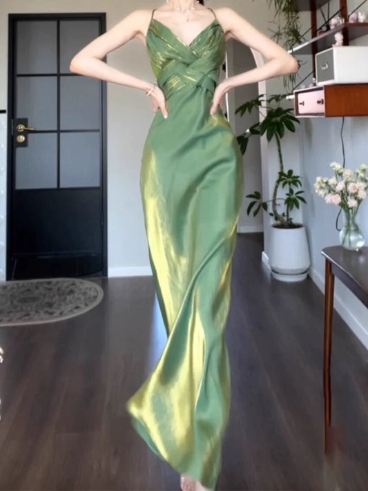 Vintage Sheath Spaghetti Straps Green Chiffon Long Evening Dress Prom Dresses C3675