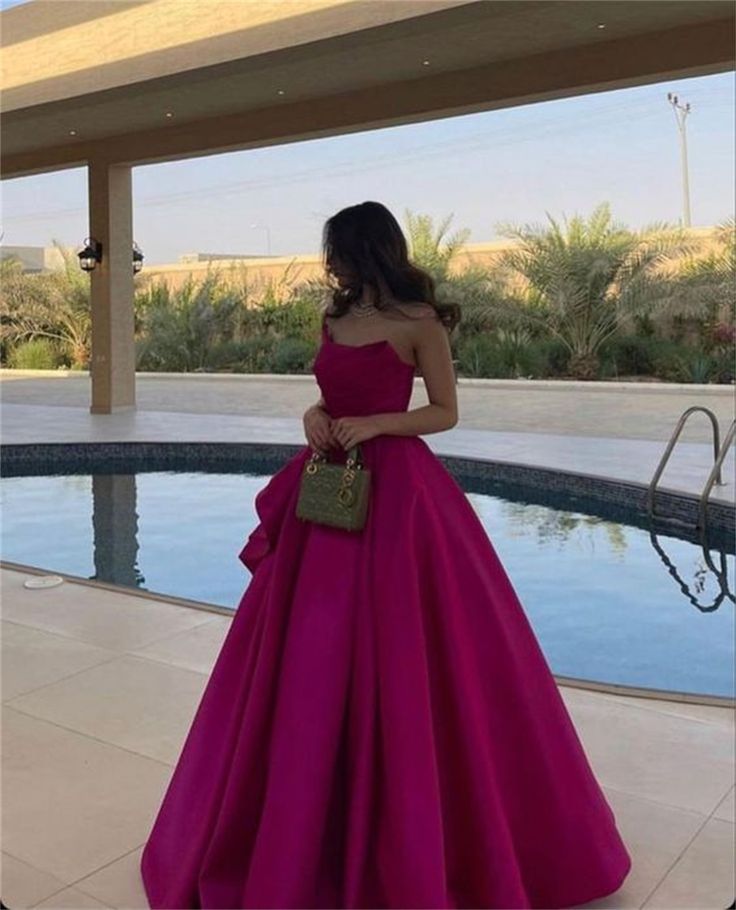 Pretty A Line Strapless Hot Pink Long Satin Evening Dress Prom Dresses With Ruffles C3688