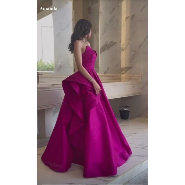 Pretty A Line Strapless Hot Pink Long Satin Evening Dress Prom Dresses With Ruffles C3688