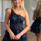 Navy Blue One Shoulder Homecoming Dress with Sheer Corset Bodice and Ruffled Skirt C369