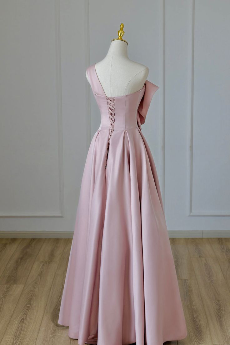 Pretty A line One Shoulder Pink Satin Evening Dress Prom Dresses With Bow C3690