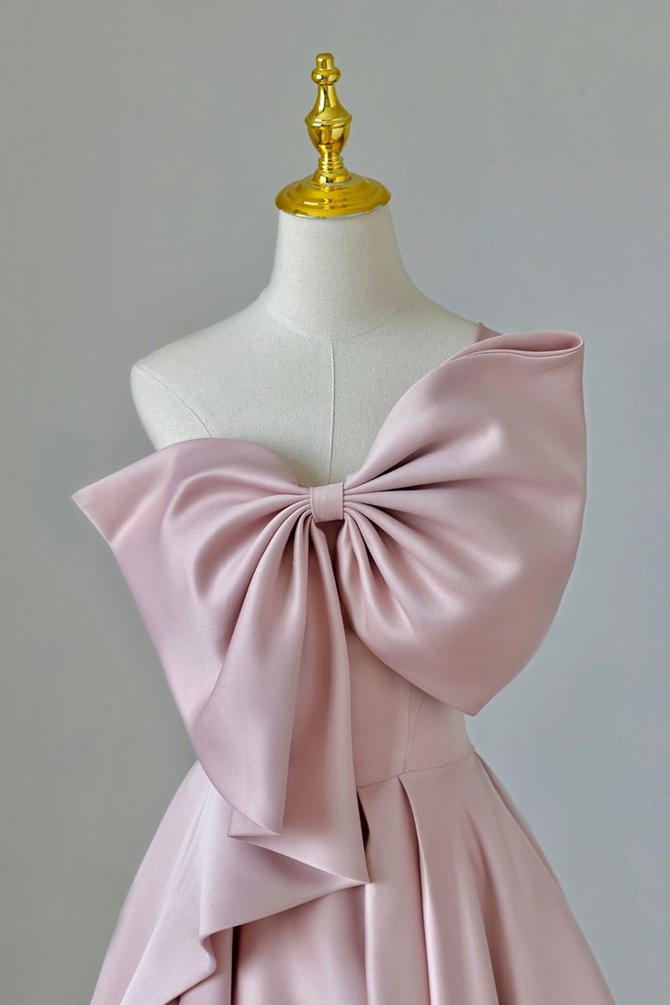Pretty A line One Shoulder Pink Satin Evening Dress Prom Dresses With Bow C3690